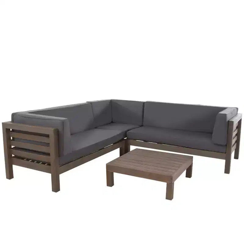 Christopher Knight Home Cynthia Patio Acacia Wood L Shape Upholstered 5-Seater Sectional Sofa Set with Coffee Table