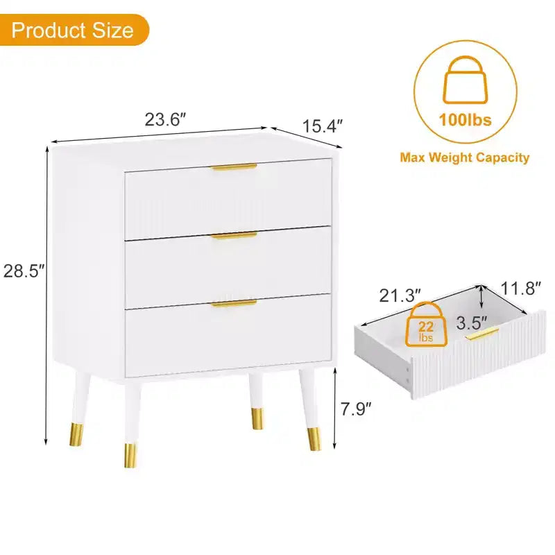 Commode à 3 tiroirs avec rangement, 72,423,615,4 cm, avec poignées en métal, table de chevet minimaliste moderne avec pieds en métal, armoire de rangement