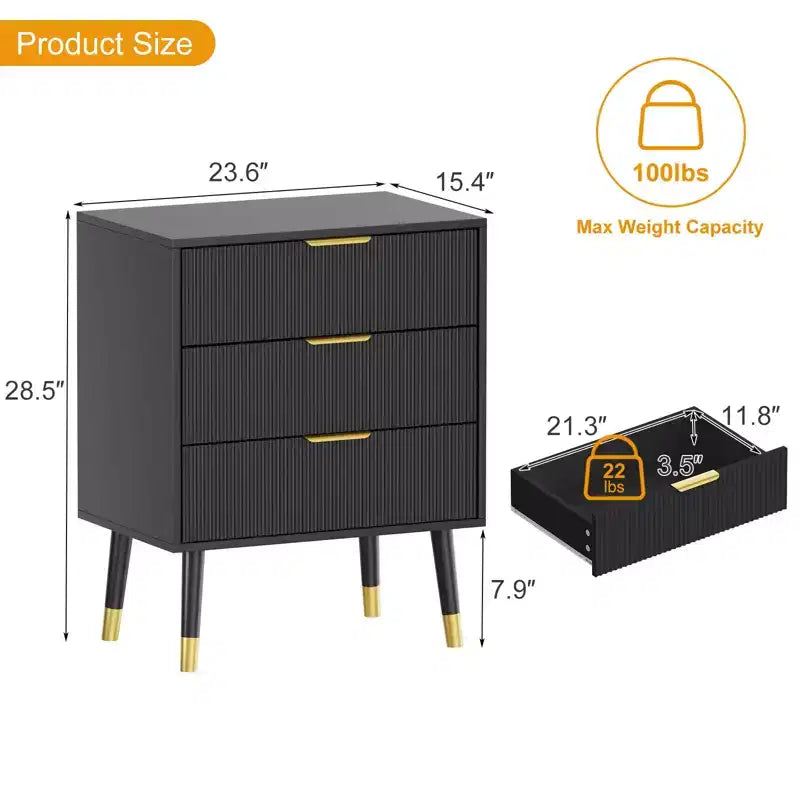 Commode à 3 tiroirs avec rangement, 72,423,615,4 cm, avec poignées en métal, table de chevet minimaliste moderne avec pieds en métal, armoire de rangement