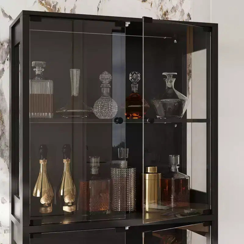 Famapy 31.5x65 Tempered Glass Curio Cabinet with Motion Sensor Lights 4-Door Tall Black Display Case Bookcase Bookshelf Sideboard Pantry