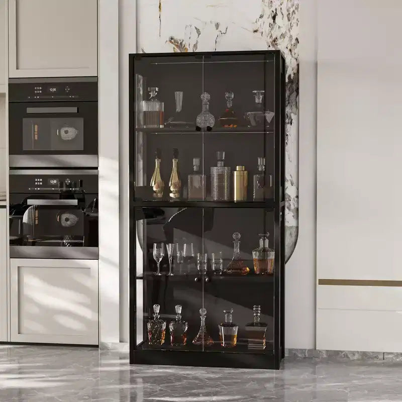 Famapy 31.5x65 Tempered Glass Curio Cabinet with Motion Sensor Lights 4-Door Tall Black Display Case Bookcase Bookshelf Sideboard Pantry