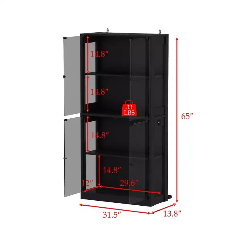 Famapy 31.5x65 Tempered Glass Curio Cabinet with Motion Sensor Lights 4-Door Tall Black Display Case Bookcase Bookshelf Sideboard Pantry