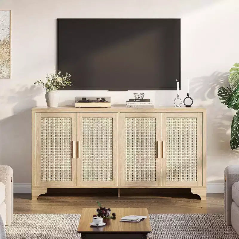 Rattan Buffet Cabinet, Small Storage with Doors and Shelves, Wooden Sideboard for Living Room, Dining Room, Kitchen, Natural Oak