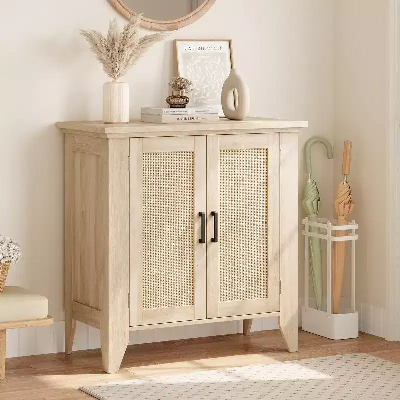 Rattan Buffet Cabinet, Small Storage with Doors and Shelves, Wooden Sideboard for Living Room, Dining Room, Kitchen, Natural Oak
