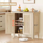 Rattan Buffet Cabinet, Small Storage with Doors and Shelves, Wooden Sideboard for Living Room, Dining Room, Kitchen, Natural Oak