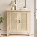 Rattan Buffet Cabinet, Small Storage with Doors and Shelves, Wooden Sideboard for Living Room, Dining Room, Kitchen, Natural Oak
