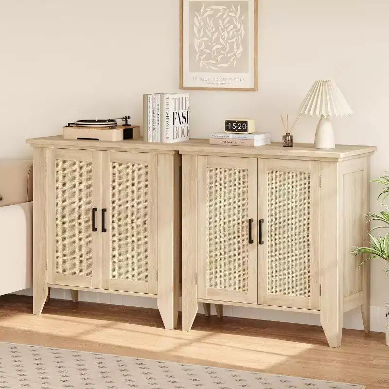 Rattan Buffet Cabinet, Small Storage with Doors and Shelves, Wooden Sideboard for Living Room, Dining Room, Kitchen, Natural Oak