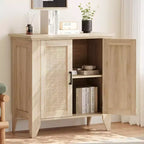 Rattan Buffet Cabinet, Small Storage with Doors and Shelves, Wooden Sideboard for Living Room, Dining Room, Kitchen, Natural Oak
