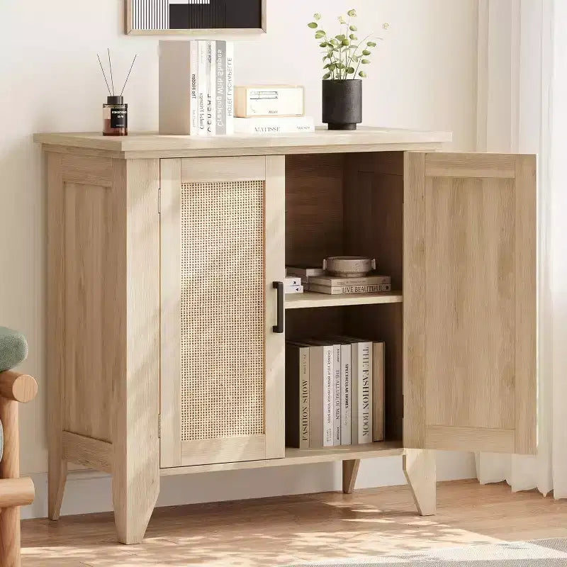 Rattan Buffet Cabinet, Small Storage with Doors and Shelves, Wooden Sideboard for Living Room, Dining Room, Kitchen, Natural Oak