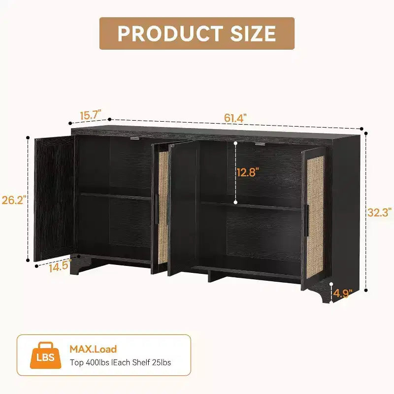 Rattan Buffet Cabinet, Small Storage with Doors and Shelves, Wooden Sideboard for Living Room, Dining Room, Kitchen, Natural Oak