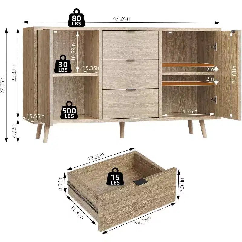 Rattan Buffet Cabinet, Small Storage with Doors and Shelves, Wooden Sideboard for Living Room, Dining Room, Kitchen, Natural Oak