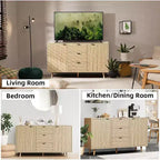 Rattan Buffet Cabinet, Small Storage with Doors and Shelves, Wooden Sideboard for Living Room, Dining Room, Kitchen, Natural Oak