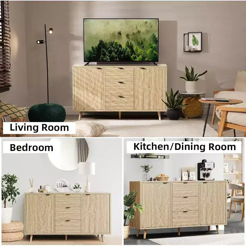 Rattan Buffet Cabinet, Small Storage with Doors and Shelves, Wooden Sideboard for Living Room, Dining Room, Kitchen, Natural Oak