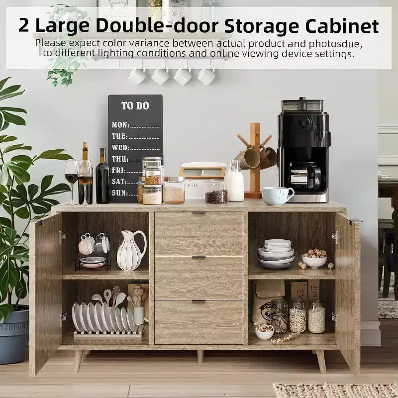 Rattan Buffet Cabinet, Small Storage with Doors and Shelves, Wooden Sideboard for Living Room, Dining Room, Kitchen, Natural Oak