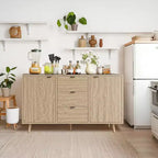 Rattan Buffet Cabinet, Small Storage with Doors and Shelves, Wooden Sideboard for Living Room, Dining Room, Kitchen, Natural Oak