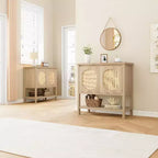 Rattan Buffet Cabinet, Small Storage with Doors and Shelves, Wooden Sideboard for Living Room, Dining Room, Kitchen, Natural Oak