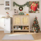 Rattan Buffet Cabinet, Small Storage with Doors and Shelves, Wooden Sideboard for Living Room, Dining Room, Kitchen, Natural Oak