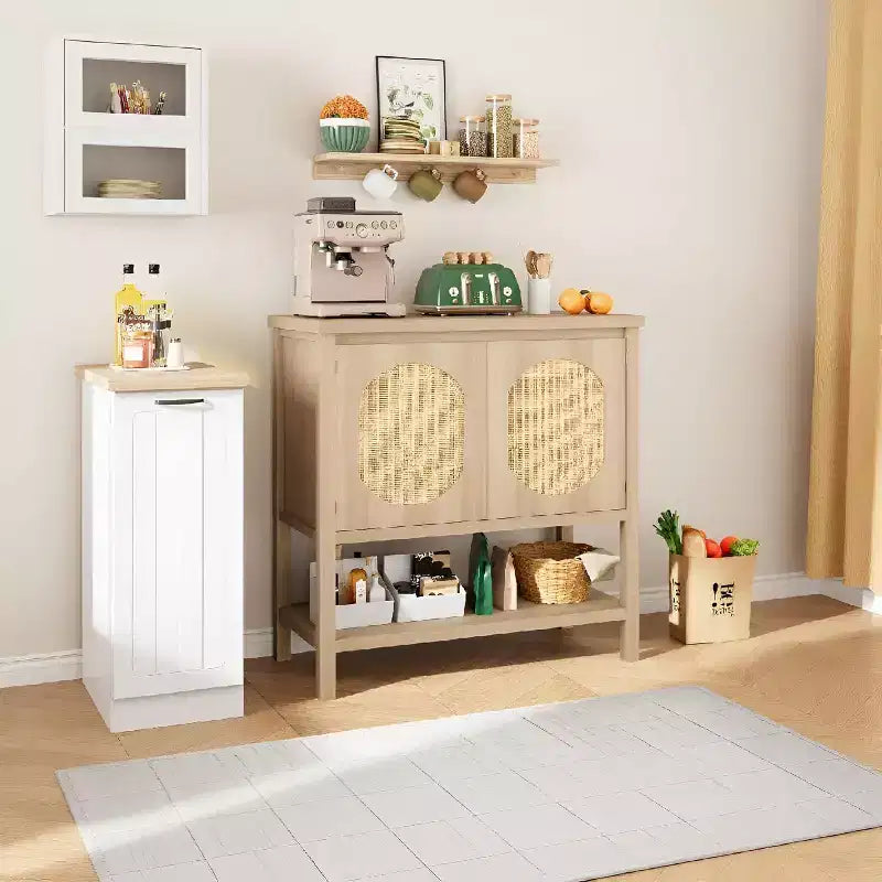 Rattan Buffet Cabinet, Small Storage with Doors and Shelves, Wooden Sideboard for Living Room, Dining Room, Kitchen, Natural Oak