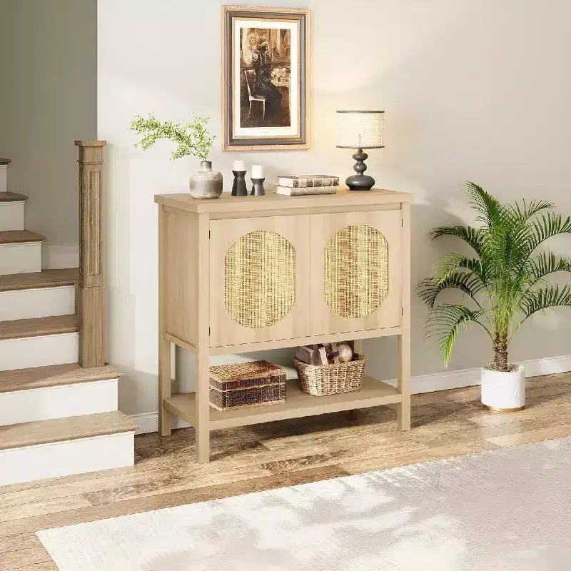 Rattan Buffet Cabinet, Small Storage with Doors and Shelves, Wooden Sideboard for Living Room, Dining Room, Kitchen, Natural Oak