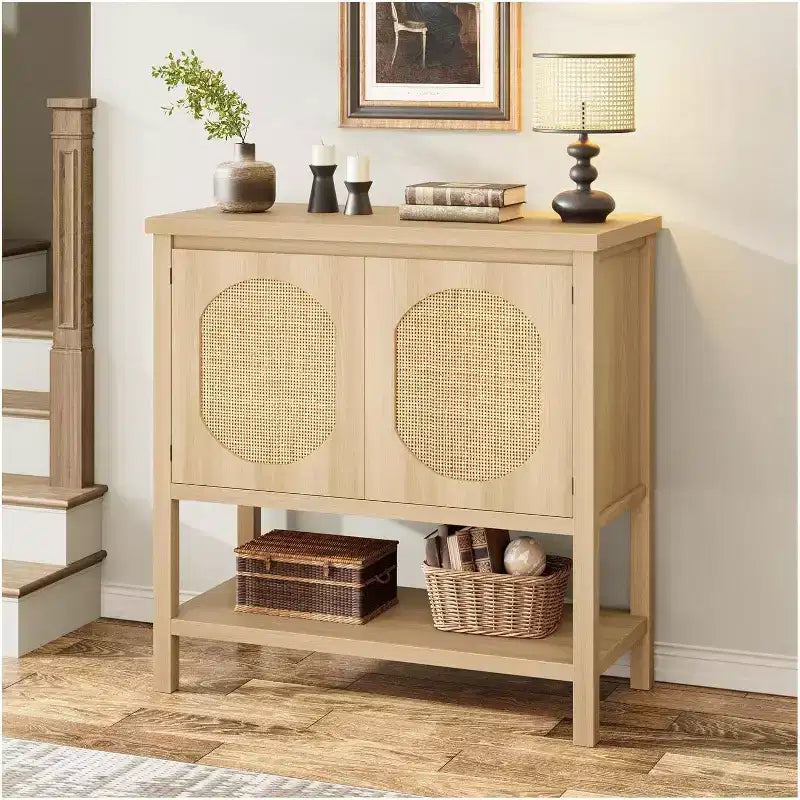 Rattan Buffet Cabinet, Small Storage with Doors and Shelves, Wooden Sideboard for Living Room, Dining Room, Kitchen, Natural Oak