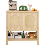 Rattan Buffet Cabinet, Small Storage with Doors and Shelves, Wooden Sideboard for Living Room, Dining Room, Kitchen, Natural Oak