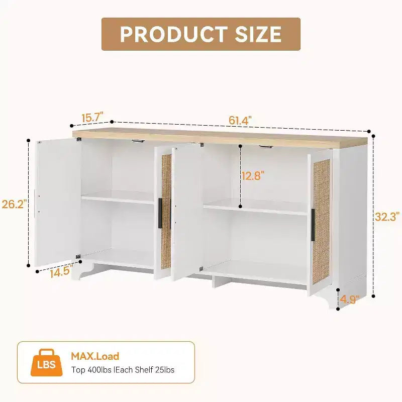 Rattan Buffet Cabinet, Small Storage with Doors and Shelves, Wooden Sideboard for Living Room, Dining Room, Kitchen, Natural Oak