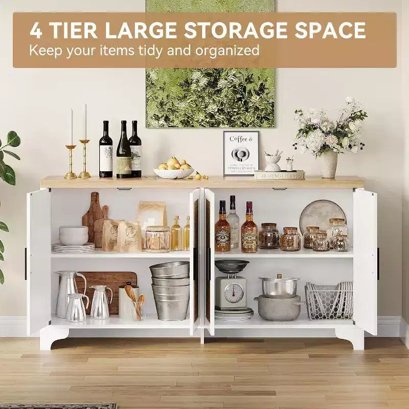 Rattan Buffet Cabinet, Small Storage with Doors and Shelves, Wooden Sideboard for Living Room, Dining Room, Kitchen, Natural Oak