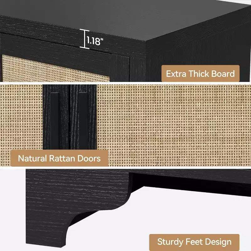 Rattan Buffet Cabinet, Small Storage with Doors and Shelves, Wooden Sideboard for Living Room, Dining Room, Kitchen, Natural Oak