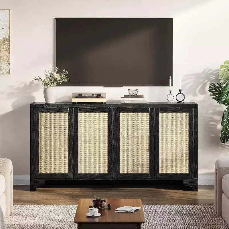 Rattan Buffet Cabinet, Small Storage with Doors and Shelves, Wooden Sideboard for Living Room, Dining Room, Kitchen, Natural Oak
