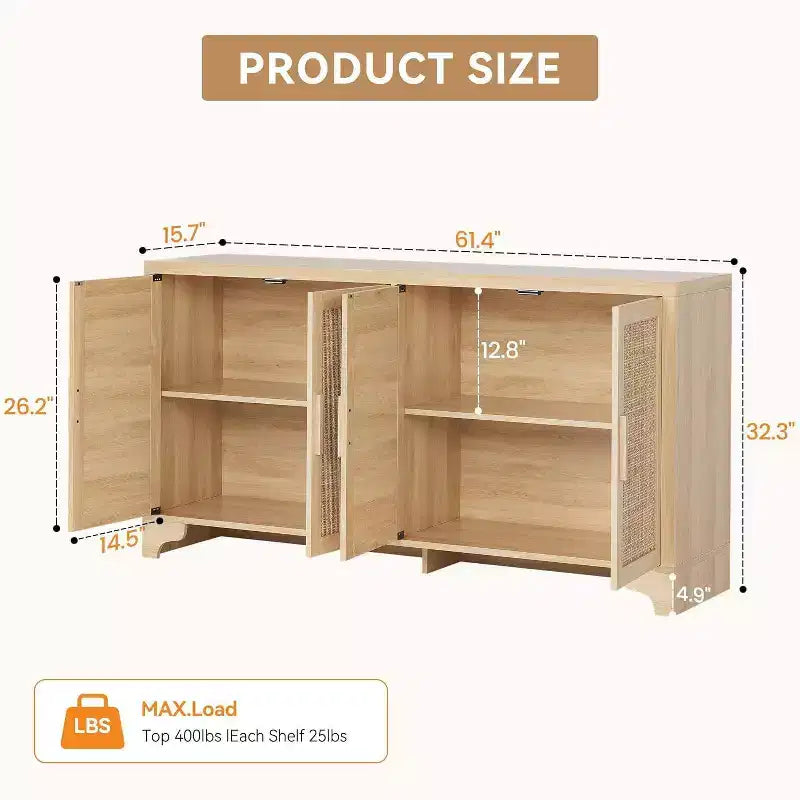 Rattan Buffet Cabinet, Small Storage with Doors and Shelves, Wooden Sideboard for Living Room, Dining Room, Kitchen, Natural Oak