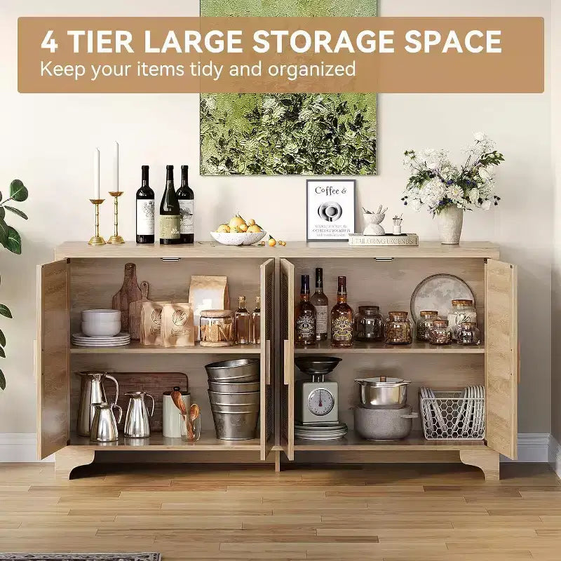 Rattan Buffet Cabinet, Small Storage with Doors and Shelves, Wooden Sideboard for Living Room, Dining Room, Kitchen, Natural Oak