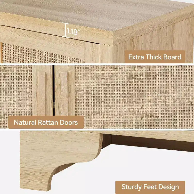 Rattan Buffet Cabinet, Small Storage with Doors and Shelves, Wooden Sideboard for Living Room, Dining Room, Kitchen, Natural Oak