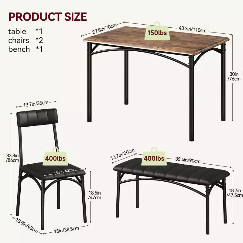 Ensemble Table à Manger pour 4 Personnes avec Table Rectangulaire, Banc Rembourré et 2 Chaises, Ensemble de Salle à Manger Peu Encombrant pour Petits Espaces, Appartements