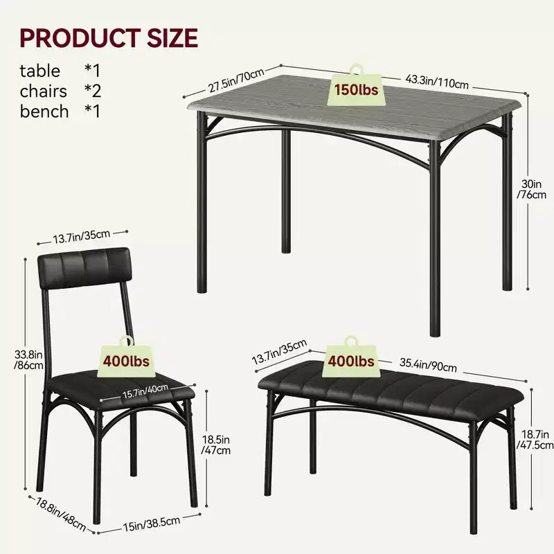 Ensemble Table à Manger pour 4 Personnes avec Table Rectangulaire, Banc Rembourré et 2 Chaises, Ensemble de Salle à Manger Peu Encombrant pour Petits Espaces, Appartements