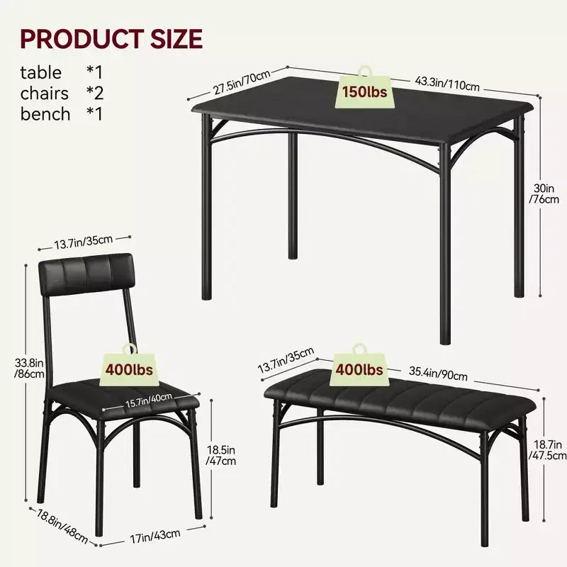 Ensemble Table à Manger pour 4 Personnes avec Table Rectangulaire, Banc Rembourré et 2 Chaises, Ensemble de Salle à Manger Peu Encombrant pour Petits Espaces, Appartements