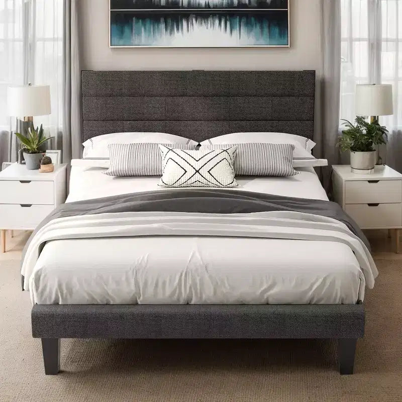 Cadre de lit rembourré Karl Home une place, lit plateforme avec tête de lit gris