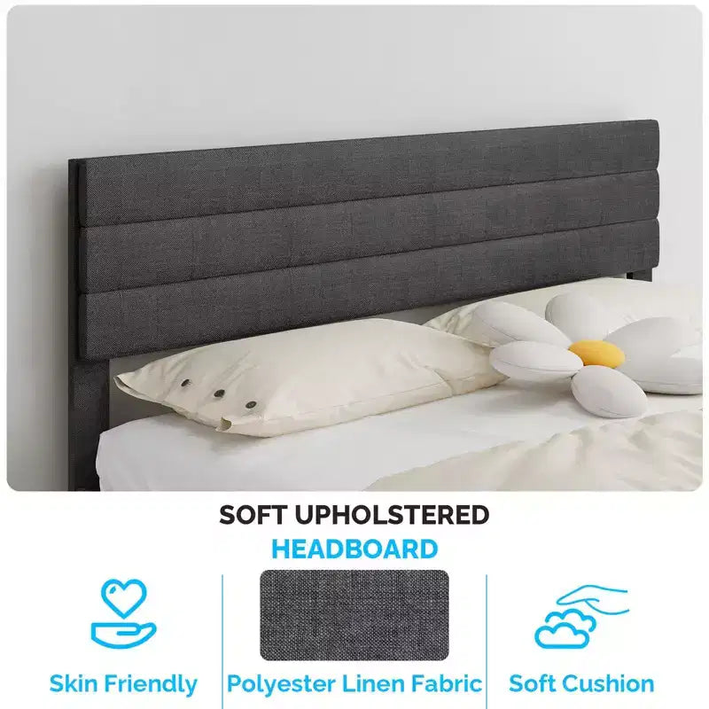 Cadre de lit rembourré Karl Home une place, lit plateforme avec tête de lit gris