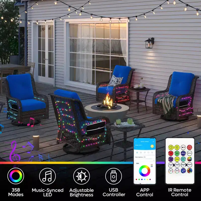Bestier Wicker Patio Furniture Chair,Swivel Gliding Chair with LED Strip,Outdoor Swivel Rocking Chairs with 4Anti-Slip Cushions for Deck,Porch&Garden