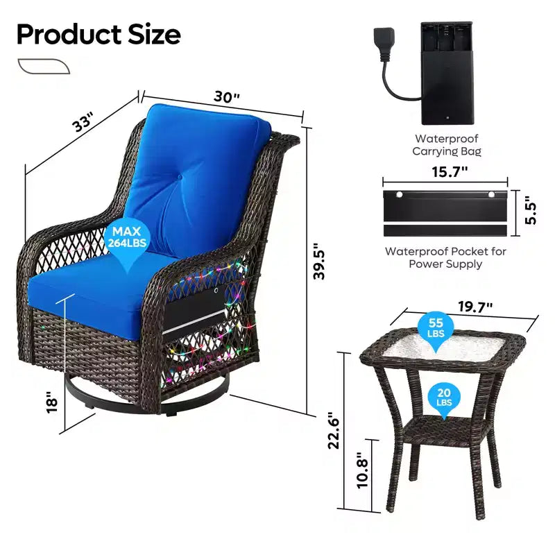 Bestier Wicker Patio Furniture Chair,Swivel Gliding Chair with LED Strip,Outdoor Swivel Rocking Chairs with 4Anti-Slip Cushions for Deck,Porch&Garden