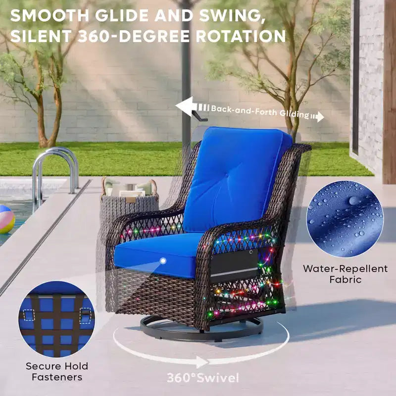 Bestier Wicker Patio Furniture Chair,Swivel Gliding Chair with LED Strip,Outdoor Swivel Rocking Chairs with 4Anti-Slip Cushions for Deck,Porch&Garden