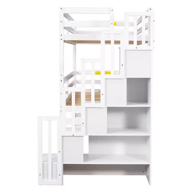 Lit superposé triple pour lit double avec escalier de rangement, cadre de lit superposé en bois convertible 3-en-1 avec barrières de sécurité, blanc - ModernLuxe