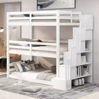 Lit superposé triple pour lit double avec escalier de rangement, cadre de lit superposé en bois convertible 3-en-1 avec barrières de sécurité, blanc - ModernLuxe