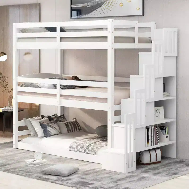 Lit superposé triple pour lit double avec escalier de rangement, cadre de lit superposé en bois convertible 3-en-1 avec barrières de sécurité, blanc - ModernLuxe