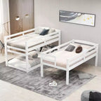 Lit superposé triple pour lit double avec escalier de rangement, cadre de lit superposé en bois convertible 3-en-1 avec barrières de sécurité, blanc - ModernLuxe