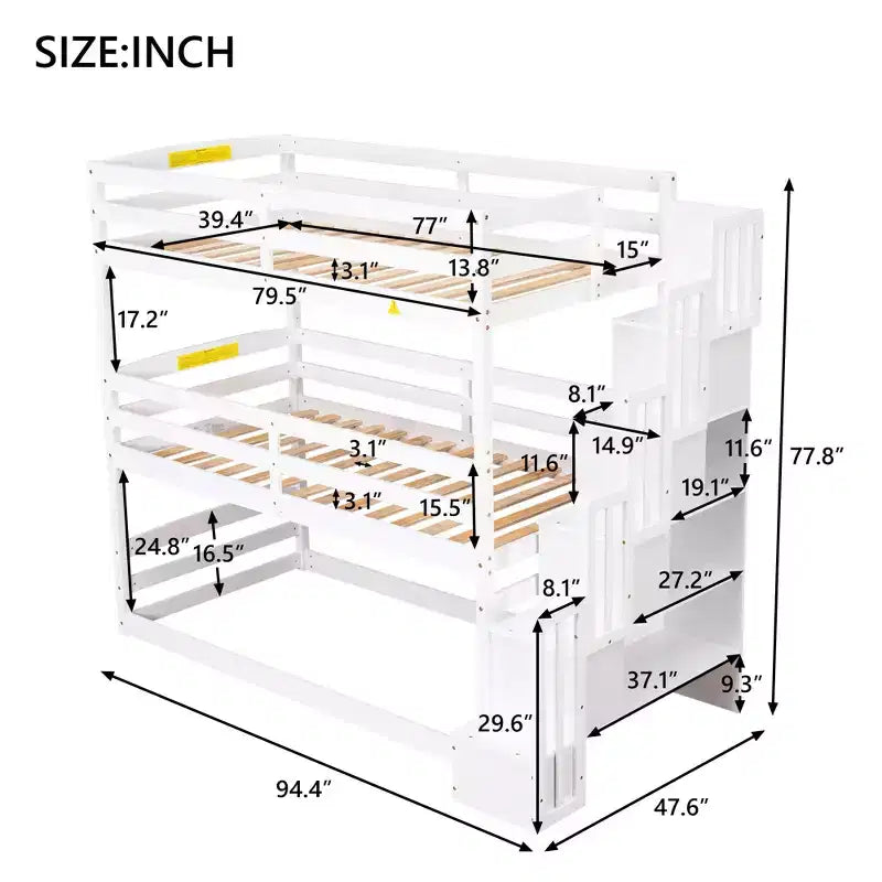 Lit superposé triple pour lit double avec escalier de rangement, cadre de lit superposé en bois convertible 3-en-1 avec barrières de sécurité, blanc - ModernLuxe