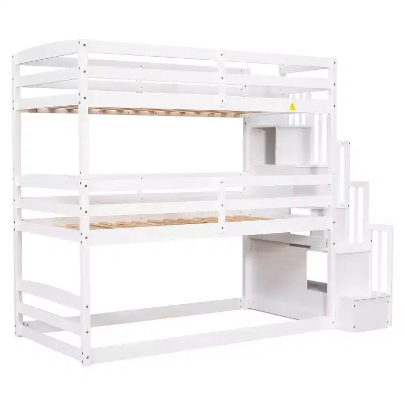 Lit superposé triple pour lit double avec escalier de rangement, cadre de lit superposé en bois convertible 3-en-1 avec barrières de sécurité, blanc - ModernLuxe