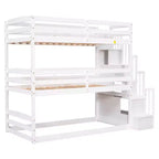 Lit superposé triple pour lit double avec escalier de rangement, cadre de lit superposé en bois convertible 3-en-1 avec barrières de sécurité, blanc - ModernLuxe