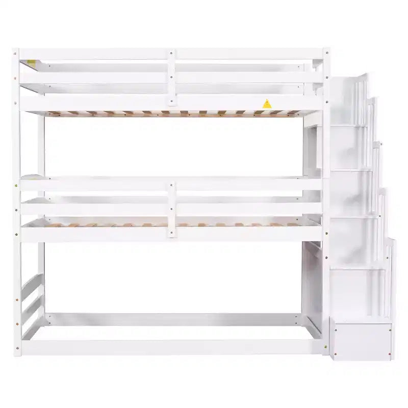Lit superposé triple pour lit double avec escalier de rangement, cadre de lit superposé en bois convertible 3-en-1 avec barrières de sécurité, blanc - ModernLuxe