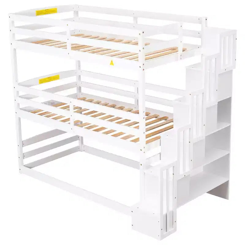 Lit superposé triple pour lit double avec escalier de rangement, cadre de lit superposé en bois convertible 3-en-1 avec barrières de sécurité, blanc - ModernLuxe