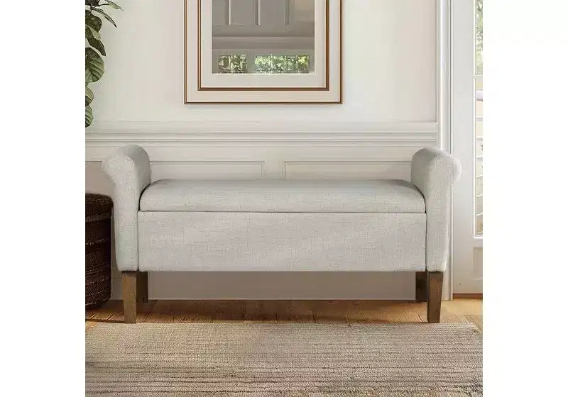 Banc ottoman en bois Okak Accent Lift-Top avec deux accoudoirs latéraux, banc à chaussures rembourré, banc de rangement pour le salon, la chambre à coucher